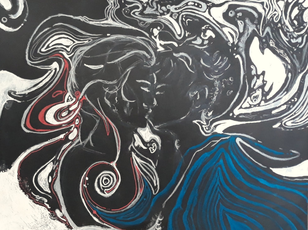 Two men kissing on a black background, done in white, black and blue marker.